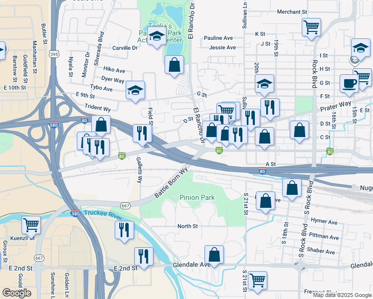 map of restaurants, bars, coffee shops, grocery stores, and more near 2405 Victorian Avenue in Sparks