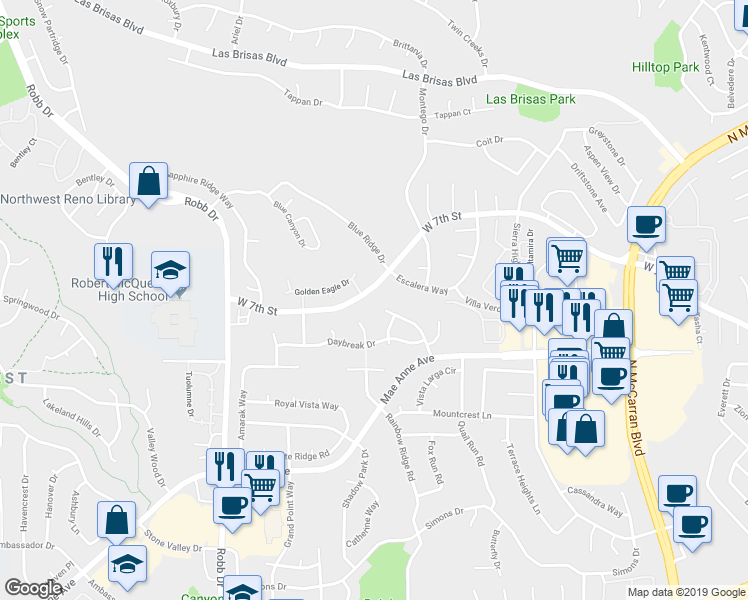 map of restaurants, bars, coffee shops, grocery stores, and more near 5531 Morning Star Court in Reno