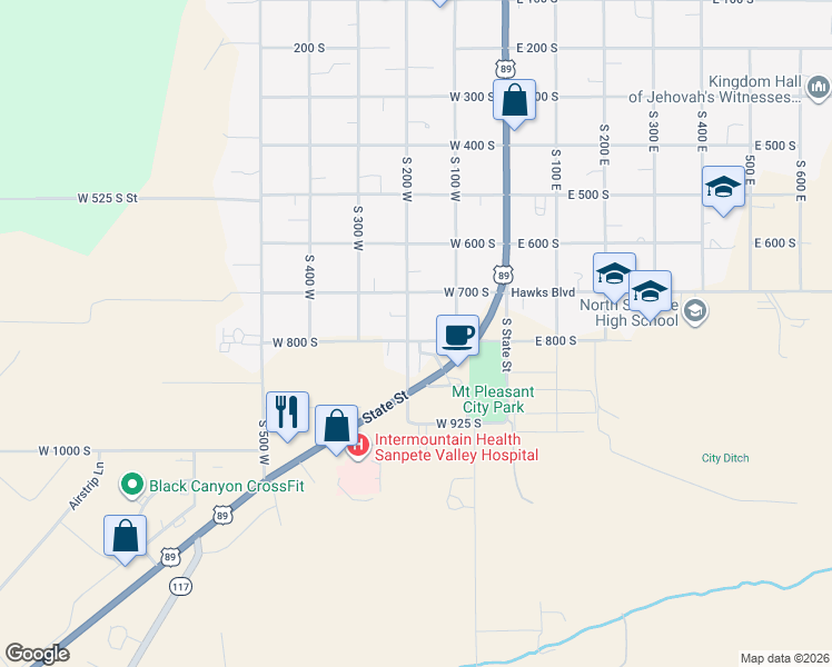 map of restaurants, bars, coffee shops, grocery stores, and more near 791 South 200 West in Mount Pleasant