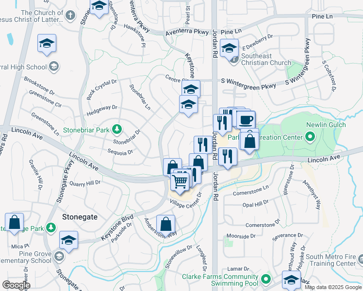 map of restaurants, bars, coffee shops, grocery stores, and more near 9991 Boca Circle in Parker