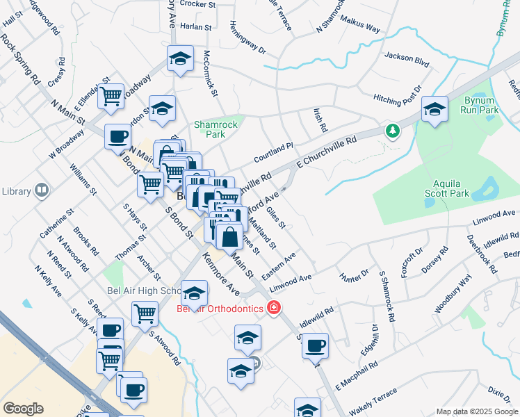 map of restaurants, bars, coffee shops, grocery stores, and more near 215 Fulford Avenue in Bel Air