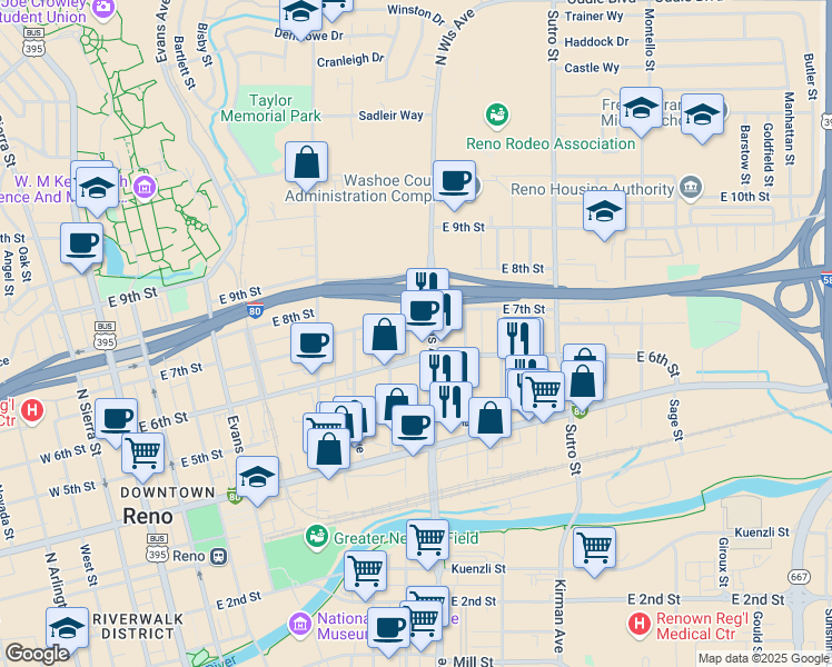 map of restaurants, bars, coffee shops, grocery stores, and more near 655 North Wells Avenue in Reno