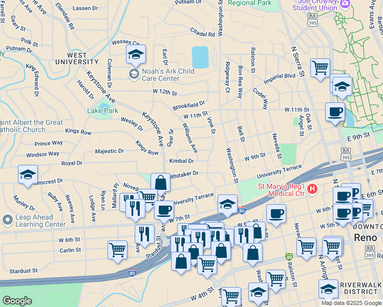map of restaurants, bars, coffee shops, grocery stores, and more near 952 Melba Drive in Reno