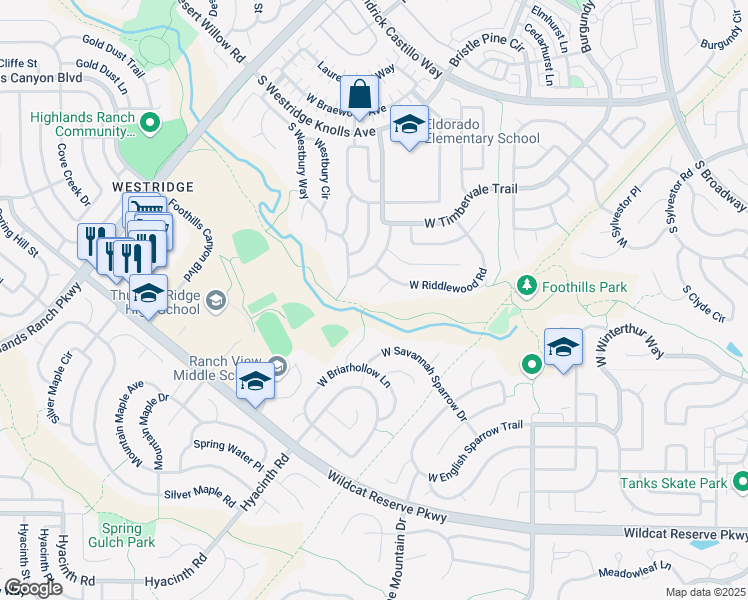 map of restaurants, bars, coffee shops, grocery stores, and more near 9895 Riddlewood Court in Littleton
