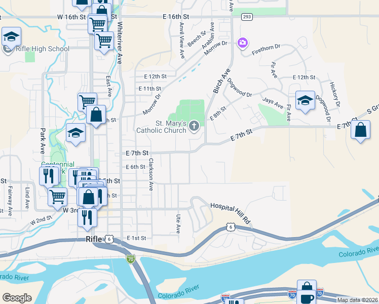 map of restaurants, bars, coffee shops, grocery stores, and more near 800 East 7th Street in Rifle