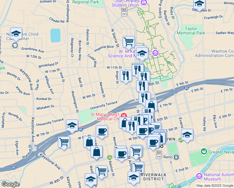 map of restaurants, bars, coffee shops, grocery stores, and more near 223 University Terrace in Reno