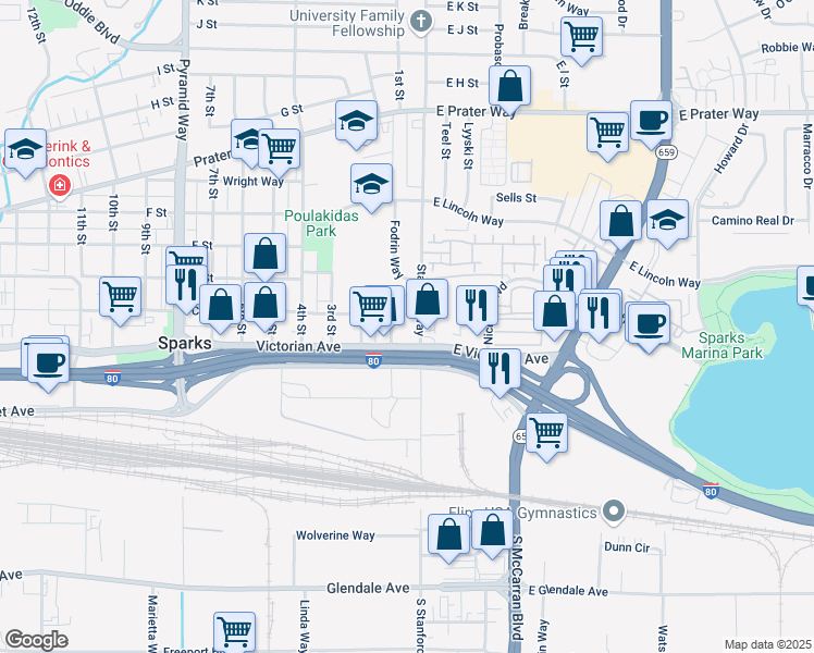 map of restaurants, bars, coffee shops, grocery stores, and more near 40 Victorian Avenue in Sparks
