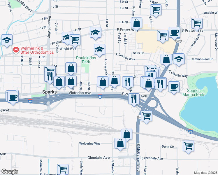 map of restaurants, bars, coffee shops, grocery stores, and more near 40 Victorian Avenue in Sparks