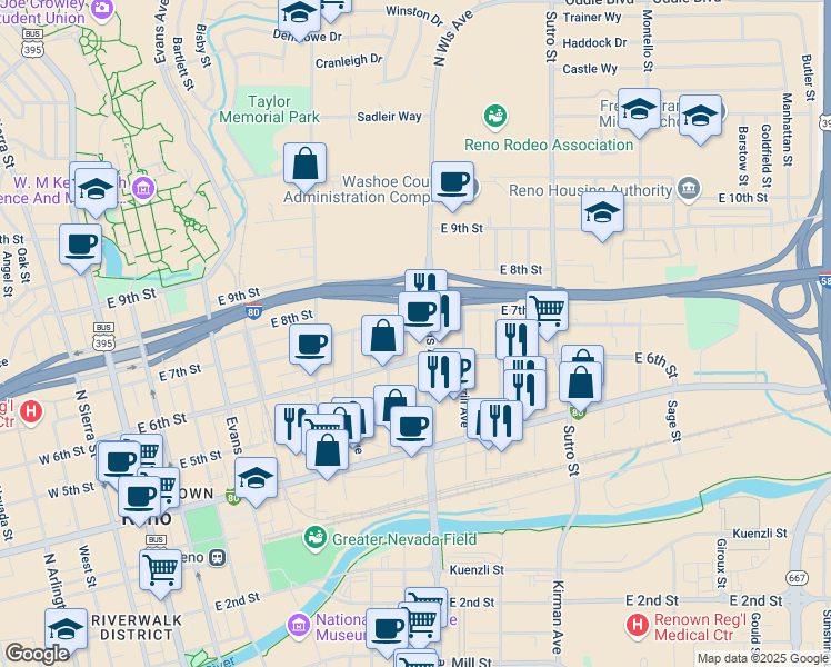 map of restaurants, bars, coffee shops, grocery stores, and more near 655 North Wells Avenue in Reno