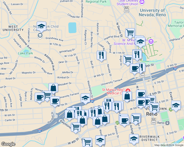 map of restaurants, bars, coffee shops, grocery stores, and more near 915 Bell Street in Reno