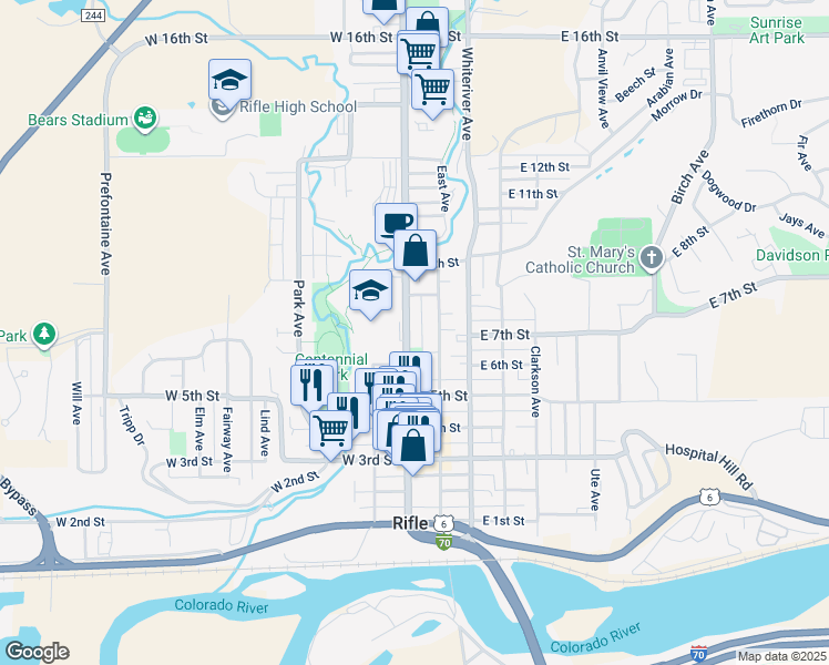 map of restaurants, bars, coffee shops, grocery stores, and more near 703 East Avenue in Rifle