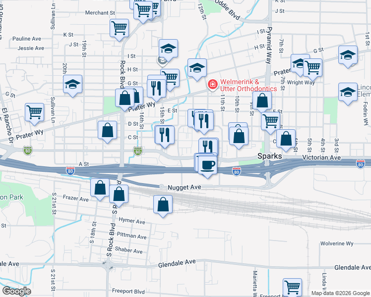 map of restaurants, bars, coffee shops, grocery stores, and more near 1324 Victorian Avenue in Sparks