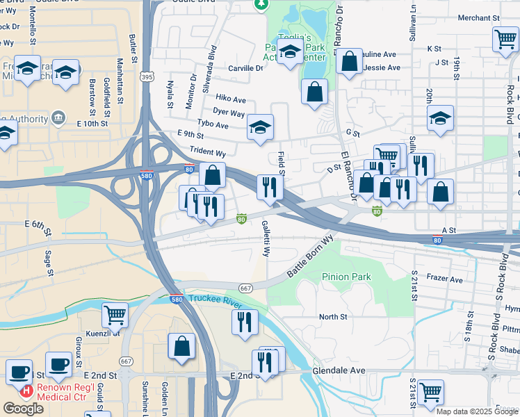 map of restaurants, bars, coffee shops, grocery stores, and more near 2799 East 4th Street in Reno