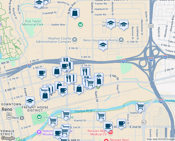 map of restaurants, bars, coffee shops, grocery stores, and more near 641 Sutro Street in Reno