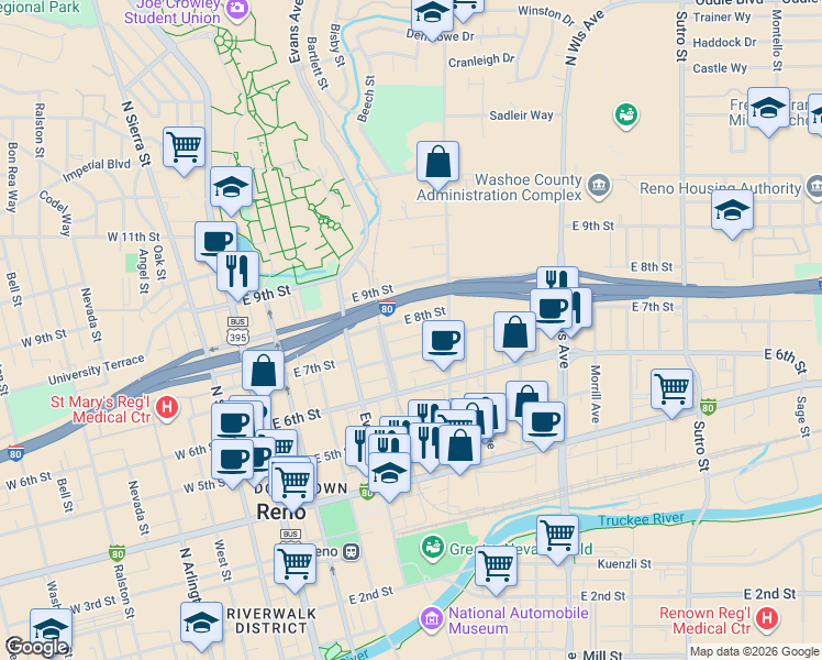map of restaurants, bars, coffee shops, grocery stores, and more near 440 East 8th Street in Reno