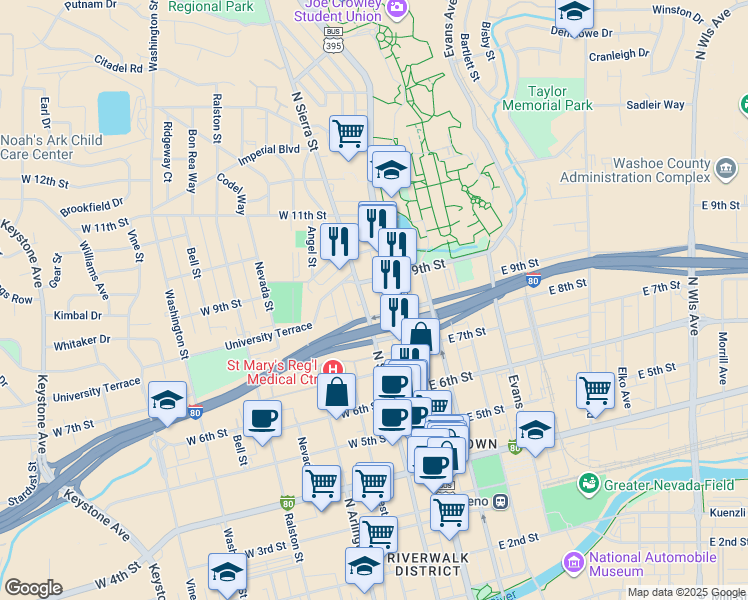 map of restaurants, bars, coffee shops, grocery stores, and more near 840 North Sierra Street in Reno