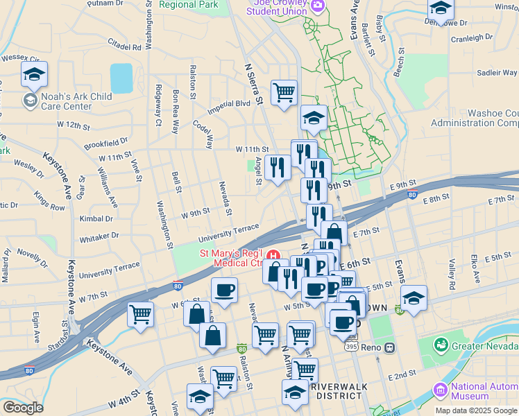 map of restaurants, bars, coffee shops, grocery stores, and more near 223 University Terrace in Reno