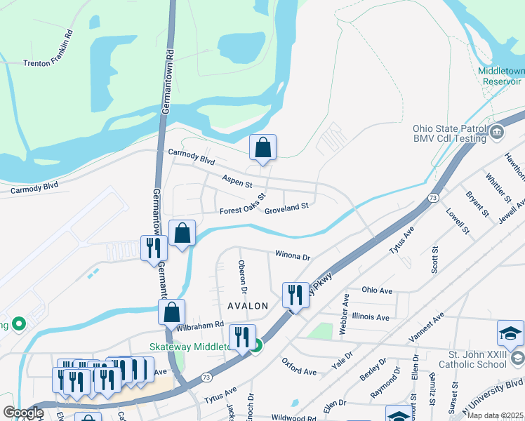 map of restaurants, bars, coffee shops, grocery stores, and more near 2601-2799 Groveland Street in Middletown