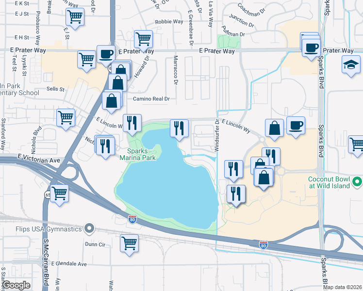 map of restaurants, bars, coffee shops, grocery stores, and more near 350 Harbour Cove Drive in Sparks