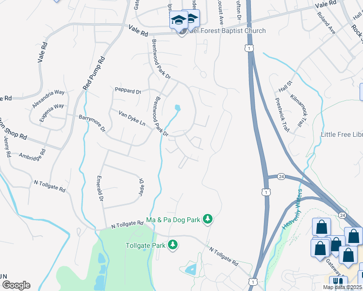 map of restaurants, bars, coffee shops, grocery stores, and more near 902 Jessicas Lane in Bel Air