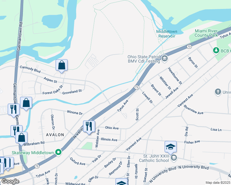 map of restaurants, bars, coffee shops, grocery stores, and more near 3125 Wilbraham Road in Middletown