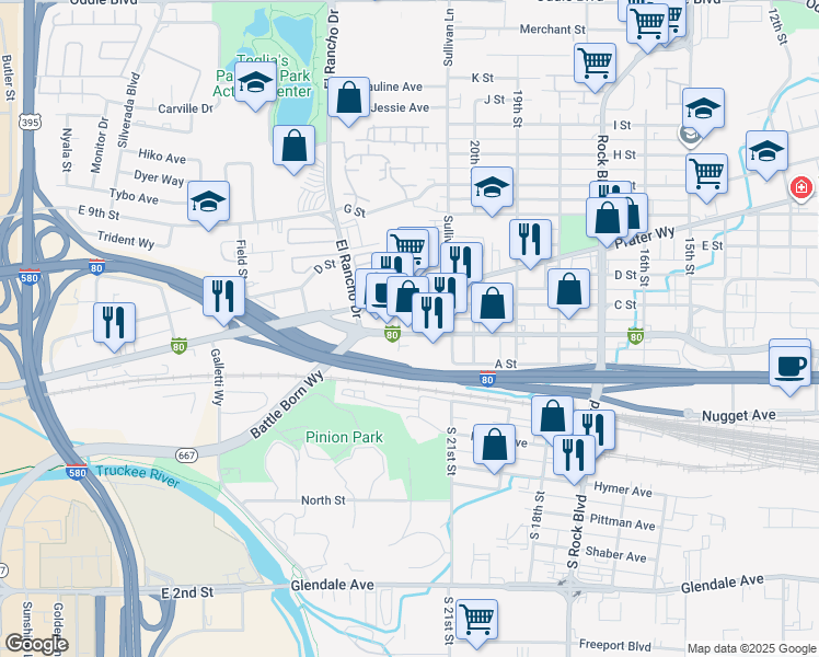 map of restaurants, bars, coffee shops, grocery stores, and more near 2200 Victorian Avenue in Sparks