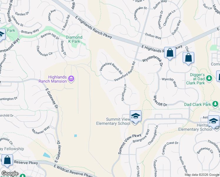 map of restaurants, bars, coffee shops, grocery stores, and more near 2043 Stratford Court in Littleton