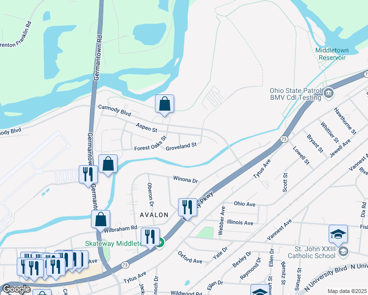 map of restaurants, bars, coffee shops, grocery stores, and more near 2800 Groveland Street in Middletown