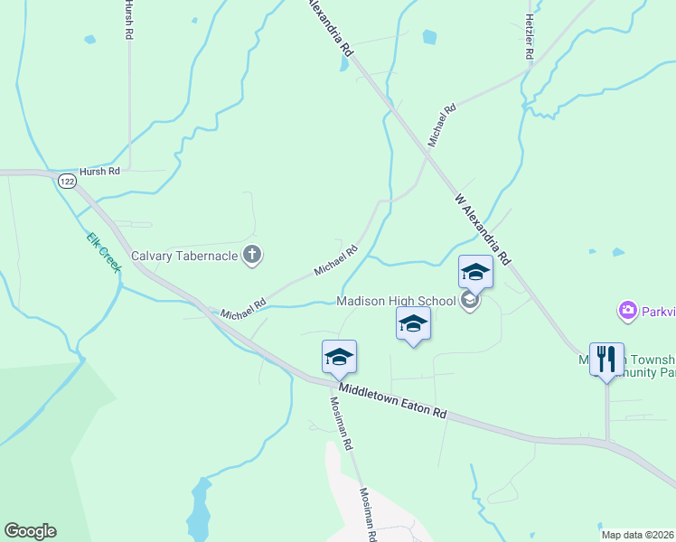 map of restaurants, bars, coffee shops, grocery stores, and more near 6191 Michael Road in Middletown