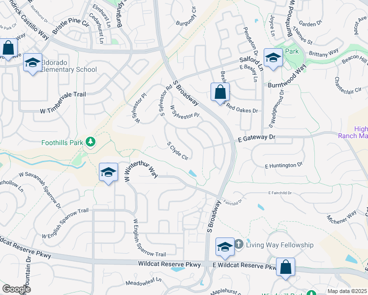 map of restaurants, bars, coffee shops, grocery stores, and more near 9951 Clyde Circle in Highlands Ranch