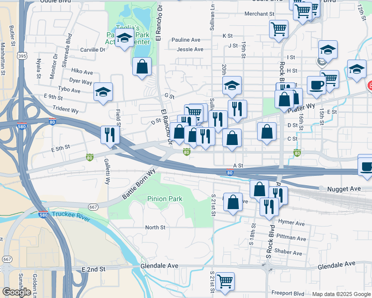 map of restaurants, bars, coffee shops, grocery stores, and more near 2200 Victorian Avenue in Sparks