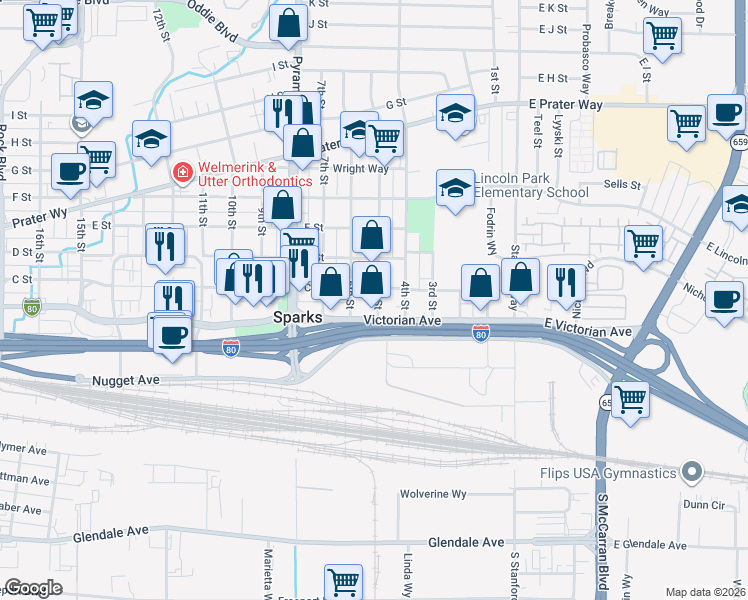 map of restaurants, bars, coffee shops, grocery stores, and more near 505 C Street in Sparks