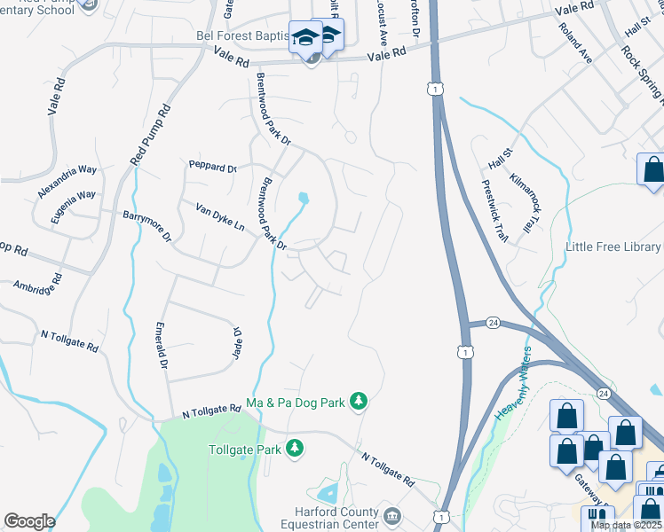 map of restaurants, bars, coffee shops, grocery stores, and more near 922 Gainsborough Court in Bel Air