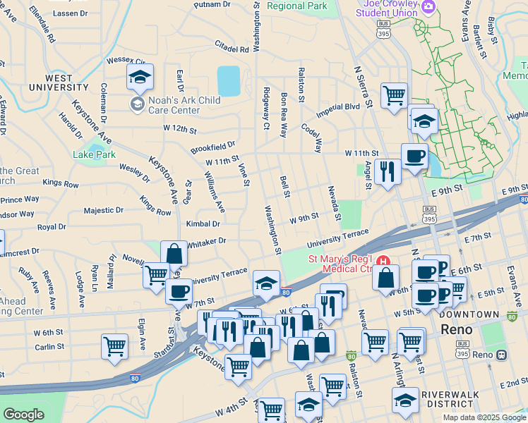 map of restaurants, bars, coffee shops, grocery stores, and more near 927 Washington Street in Reno