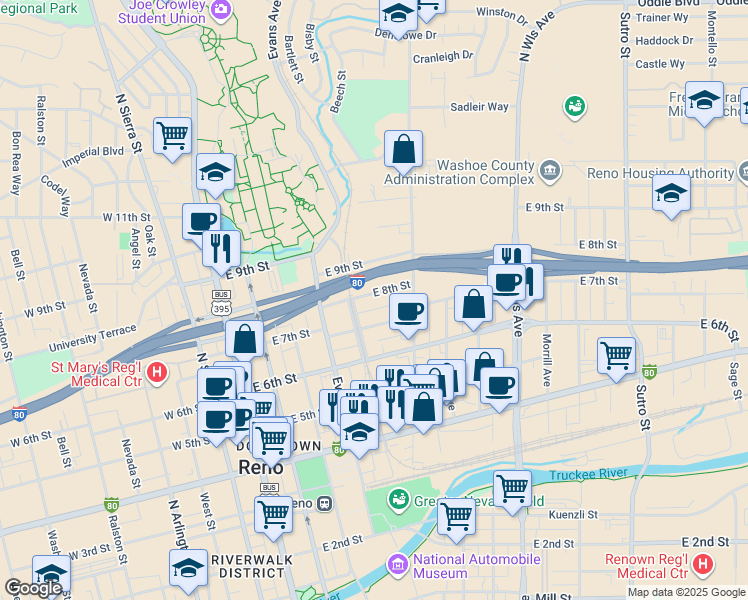 map of restaurants, bars, coffee shops, grocery stores, and more near 440 East 8th Street in Reno