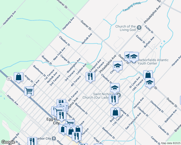 map of restaurants, bars, coffee shops, grocery stores, and more near 534 Liverpool Avenue in Egg Harbor City