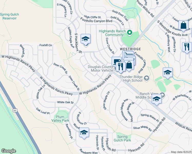 map of restaurants, bars, coffee shops, grocery stores, and more near 9981 South Spring Hill Place in Littleton
