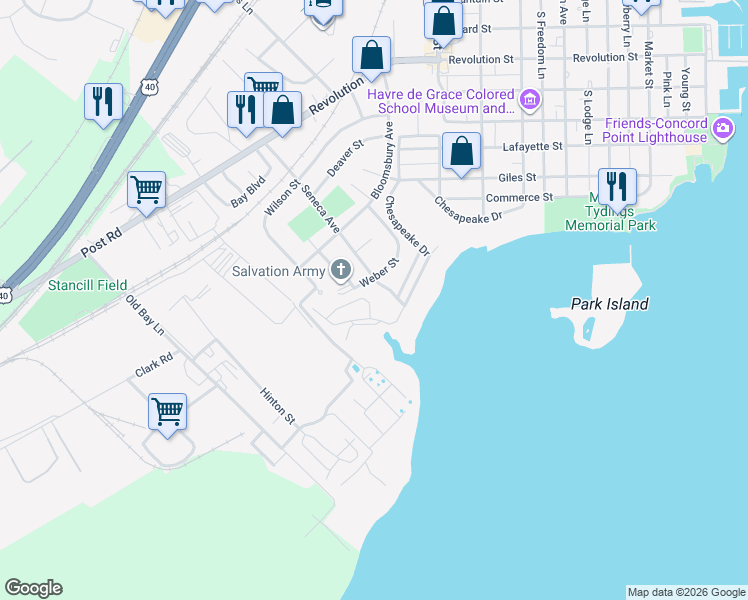 map of restaurants, bars, coffee shops, grocery stores, and more near 105 Concove Way in Havre de Grace