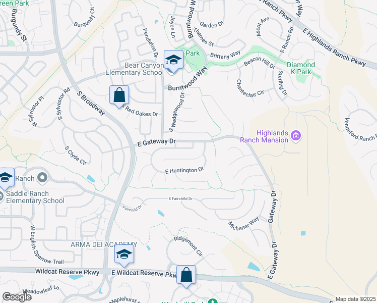 map of restaurants, bars, coffee shops, grocery stores, and more near 627 Huntington Drive in Highlands Ranch