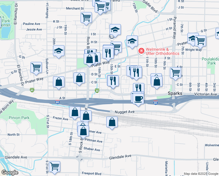 map of restaurants, bars, coffee shops, grocery stores, and more near 209 15th Street in Sparks