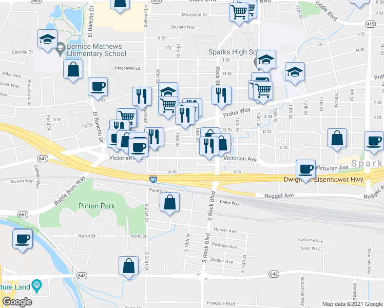 map of restaurants, bars, coffee shops, grocery stores, and more near 1800 Victorian Avenue in Sparks