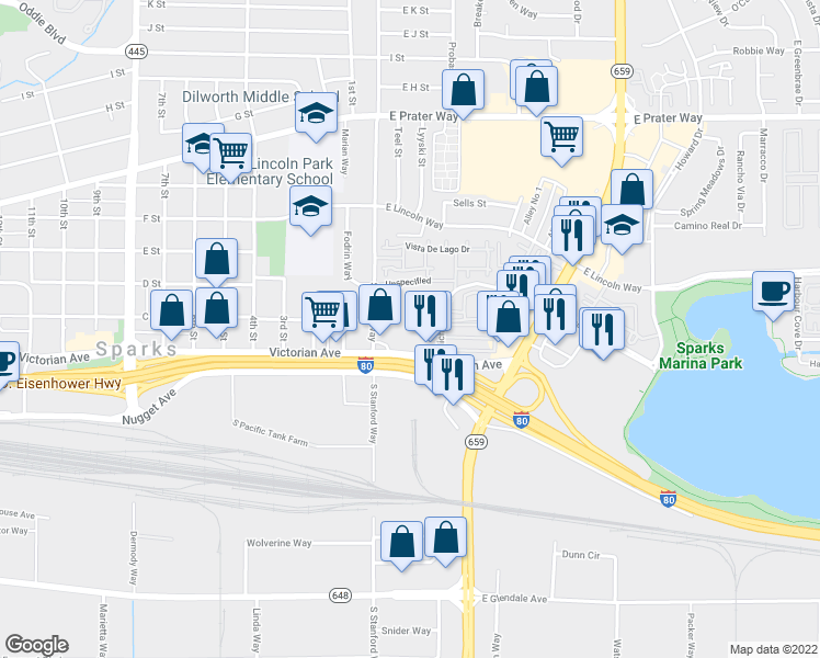 map of restaurants, bars, coffee shops, grocery stores, and more near 60 East Victorian Avenue in Sparks