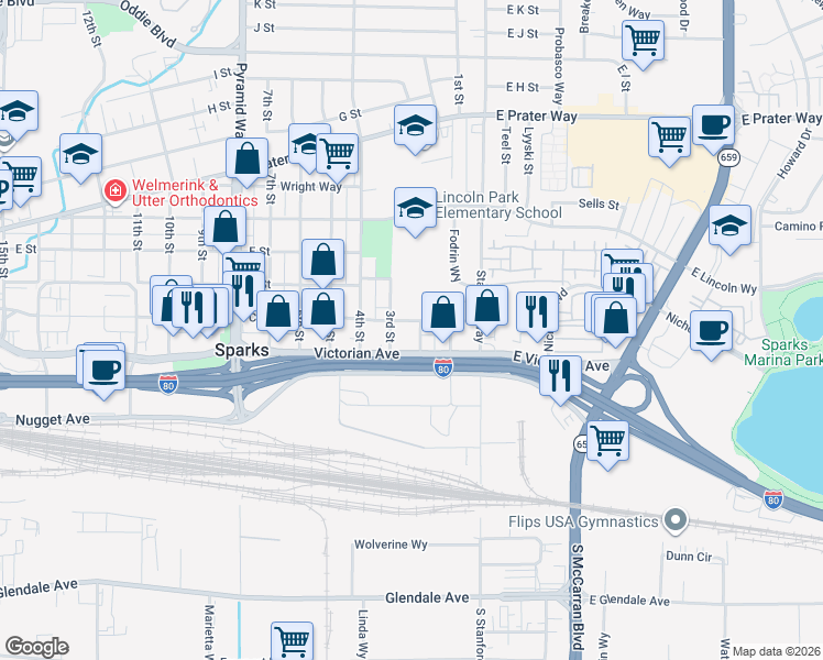 map of restaurants, bars, coffee shops, grocery stores, and more near 275 Avenue of the Oaks in Sparks
