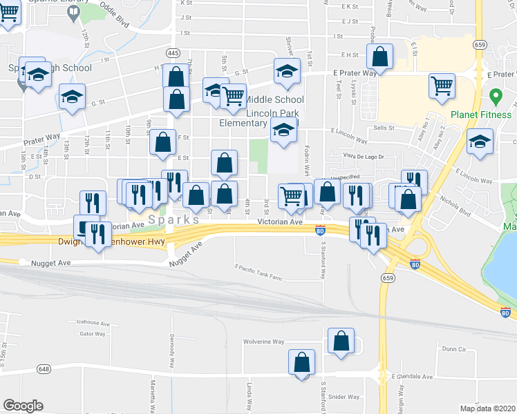map of restaurants, bars, coffee shops, grocery stores, and more near 230 4th Street in Sparks