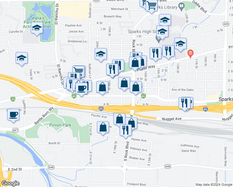 map of restaurants, bars, coffee shops, grocery stores, and more near 1800 Victorian Avenue in Sparks