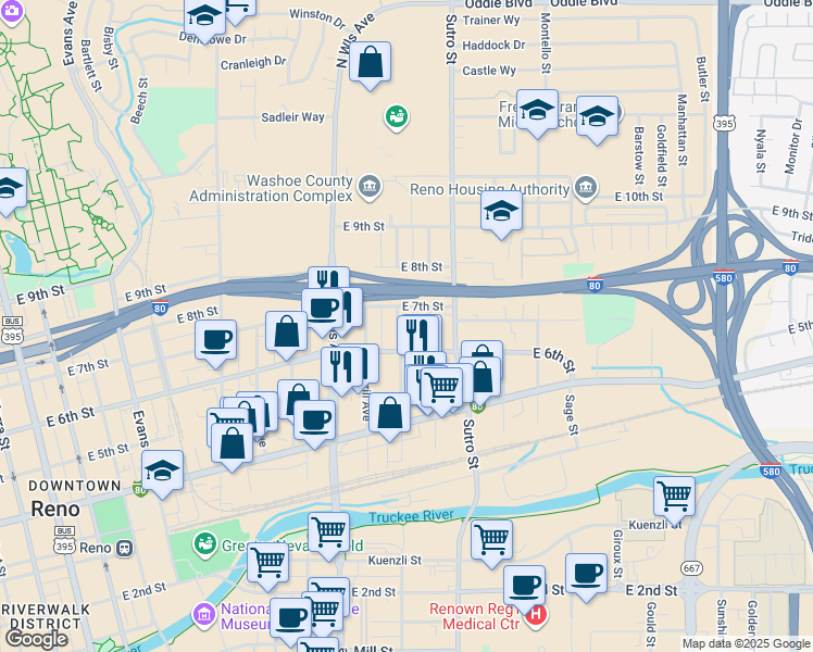 map of restaurants, bars, coffee shops, grocery stores, and more near 642 Spokane Street in Reno