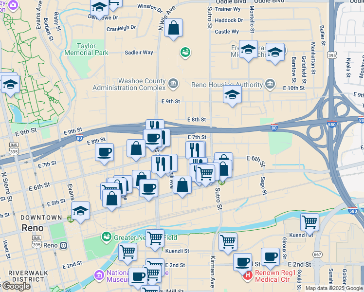 map of restaurants, bars, coffee shops, grocery stores, and more near 642 Spokane Street in Reno