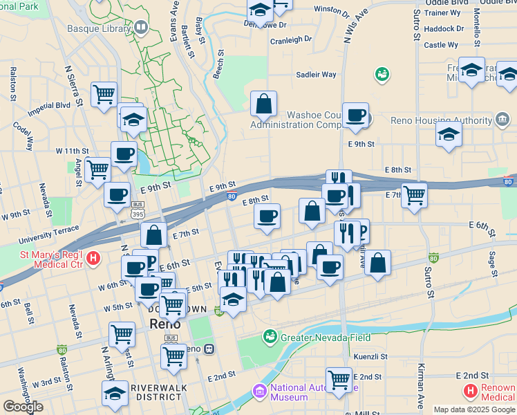 map of restaurants, bars, coffee shops, grocery stores, and more near 765 Valley Road in Reno