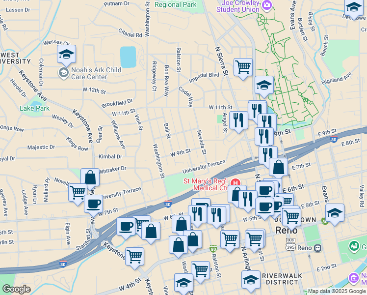 map of restaurants, bars, coffee shops, grocery stores, and more near 915 Ralston Street in Reno