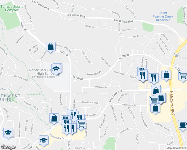 map of restaurants, bars, coffee shops, grocery stores, and more near 5772 Golden Eagle Drive in Reno
